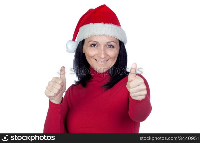 Beautiful girl with Christmas hat saying Ok on a over white background