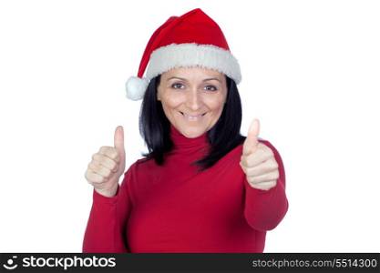 Beautiful girl with Christmas hat saying Ok on a over white background
