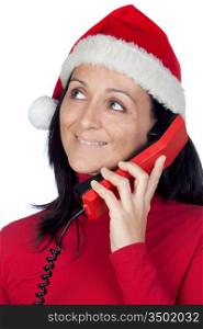 Beautiful girl with Christmas hat to phone on a over white background