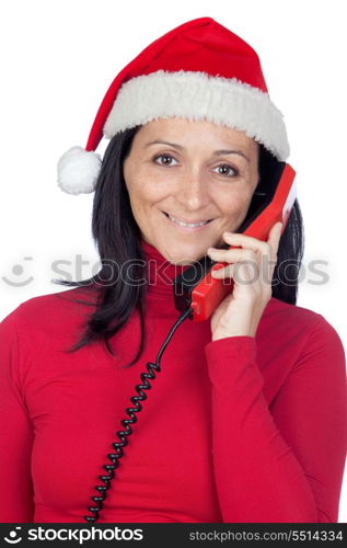 Beautiful girl with Christmas hat to phone on a over white background