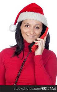 Beautiful girl with Christmas hat to phone on a over white background