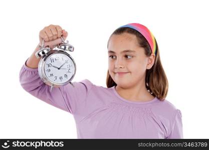 Beautiful girl with clock on a over white background