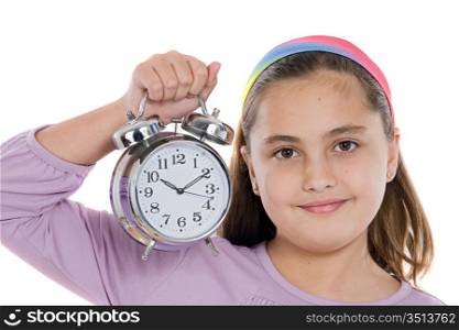 Beautiful girl with clock on a over white background