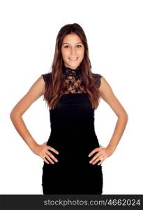Beautiful girl with elegant black dress isolated on a white background