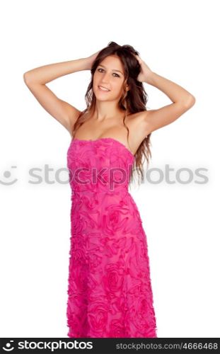 Beautiful girl with elegant pink dress isolated on white background