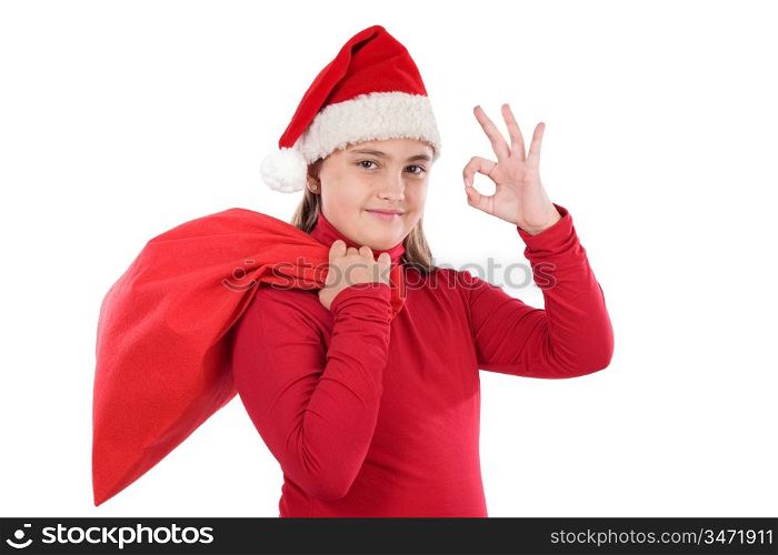Beautiful girl with hat of christmas saying OK on a over white background