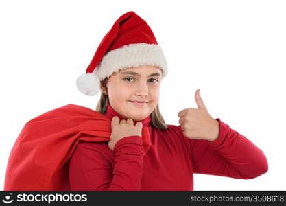 Beautiful girl with hat of christmas saying OK on a over white background
