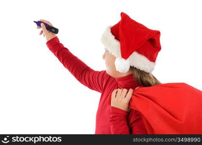 Beautiful girl with hat of christmas writing on a over white background