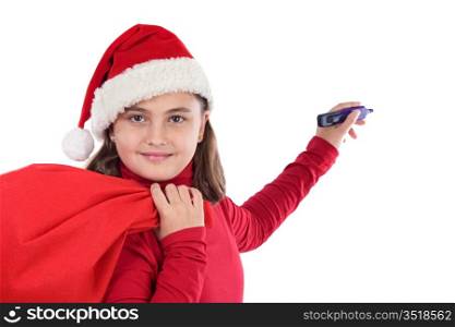 Beautiful girl with hat of christmas writing on a over white background