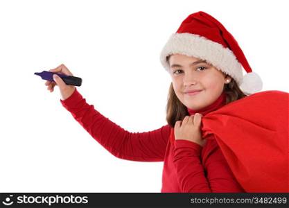 Beautiful girl with hat of christmas writting on a over white background