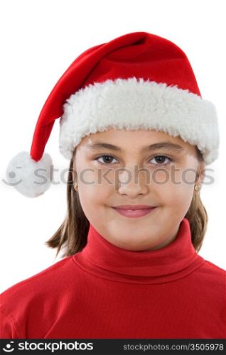 Beautiful girl with hat of Santa Claus a over white background