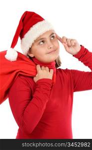 Beautiful girl with hat of Santa Claus thinking a over white background