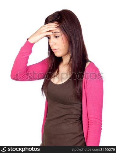 Beautiful girl with headache isolated on a over white background