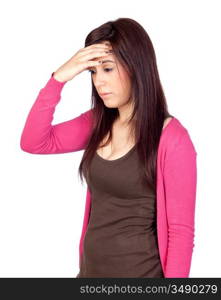 Beautiful girl with headache isolated on a over white background