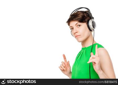 beautiful girl with headphones on a white background