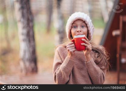 Beautiful girl with hot cacao enjoying autumn day. Beautiful girl wrapped in a blanket at autumn warm day
