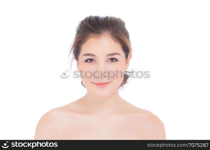 Beautiful girl with makeup, woman and skin care concept / attractive asian girl smilling on face isolated on white background.