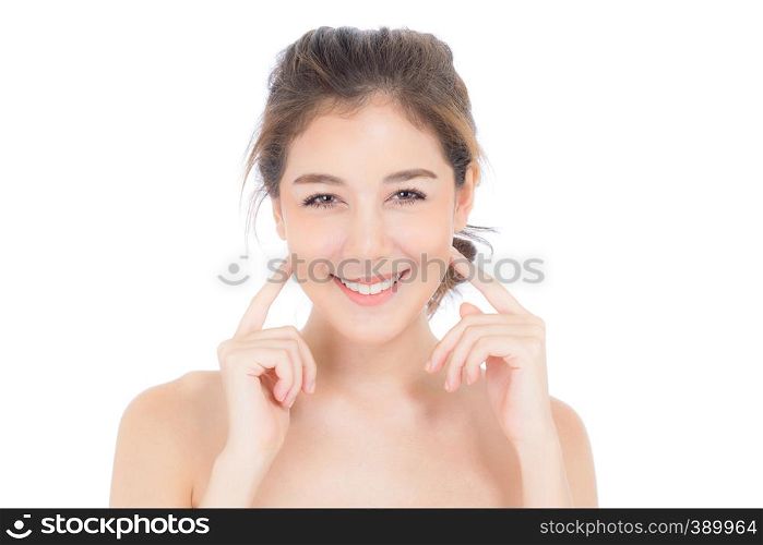 Beautiful girl with makeup, woman and skin care cosmetic concept / attractive beauty asian girl on face with hand touch cheek and smile isolated on white background.