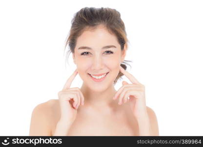 Beautiful girl with makeup, woman and skin care cosmetic concept / attractive beauty asian girl on face with hand touch cheek and smile isolated on white background.