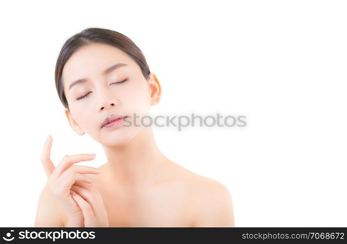 Beautiful girl with makeup, woman and skin care cosmetics concept / attractive asia girl smilling on face isolated on white background.