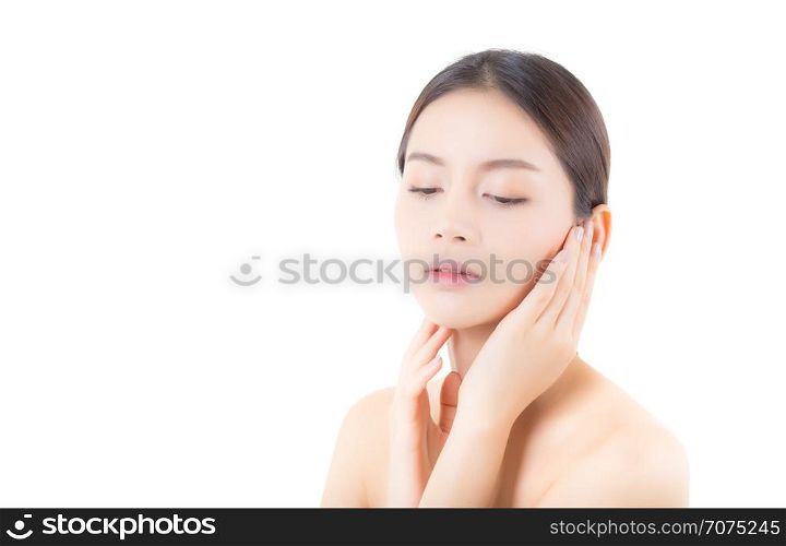 Beautiful girl with makeup, woman and skin care cosmetics concept / attractive asian girl smilling on face isolated on white background.