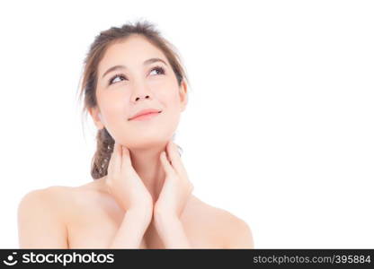 Beautiful girl with makeup, woman portrait and skin care cosmetic concept / attractive beauty asian girl on face with hand touching neck isolated on white background.
