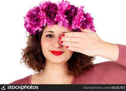 Beautiful girl with pink flowers crown covering one eye isolated on white background
