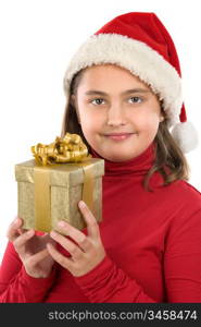 Beautiful girl with present of christmas on a over white background