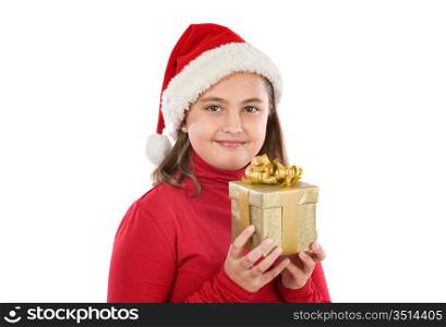 Beautiful girl with presents of christmas on a over white background