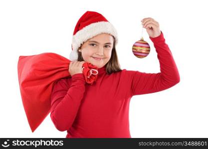 Beautiful girl with red ball of christmas on a over white background