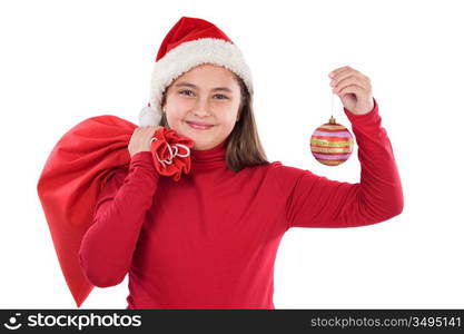 Beautiful girl with red ball of christmas on a over white background