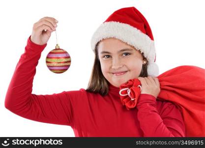 Beautiful girl with red ball of christmas on a over white background