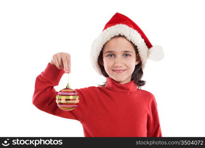 Beautiful girl with red ball of christmas on a over white background