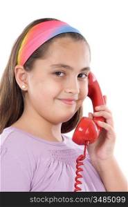 Beautiful girl with red telephone on a over white background