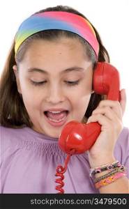 Beautiful girl with red telephone very happy for good news isolated over white