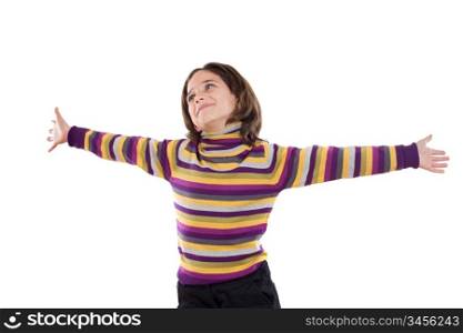 Beautiful girl with the outstretched arms on a white background