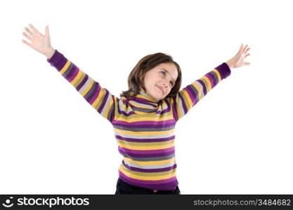 Beautiful girl with the outstretched arms on a white background
