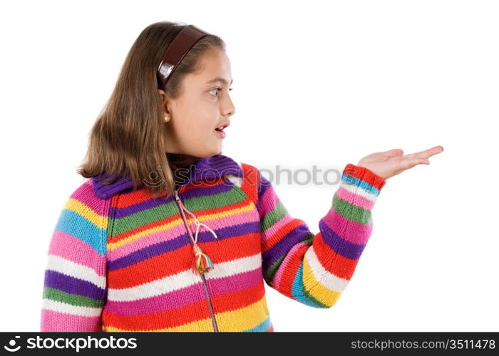 Beautiful girl with the outstretched hand on a white background