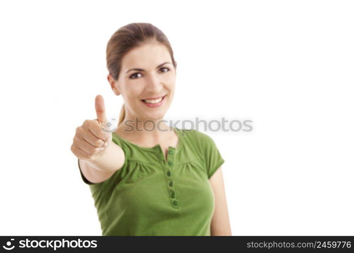 Beautiful girl with thumbs up, isolated against a white background