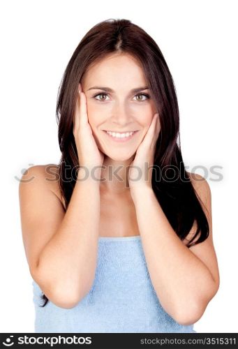 Beautiful girl with towel isolated on a over white background