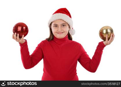 Beautiful girl with two balls of christmas on a over white background