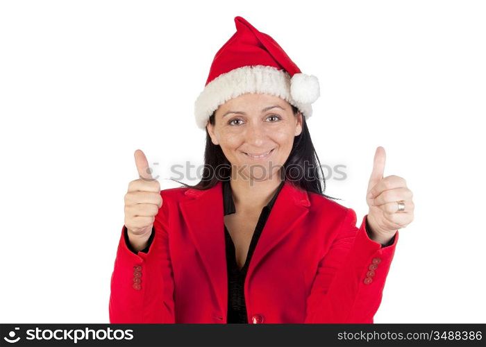 Beautiful girl with with Santa Claus hat accepting on a over white background