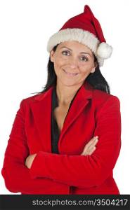 Beautiful girl with with Santa Claus hat on a over white background