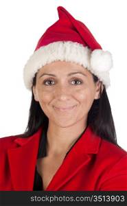 Beautiful girl with with Santa Claus hat on a over white background