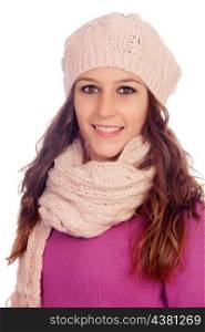 Beautiful girl with wool hat and scarf isolated on a white background