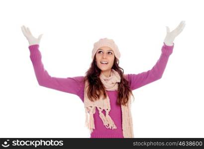 Beautiful girl with wool hat and scarf isolated on a white background