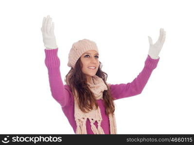 Beautiful girl with wool hat and scarf isolated on a white background