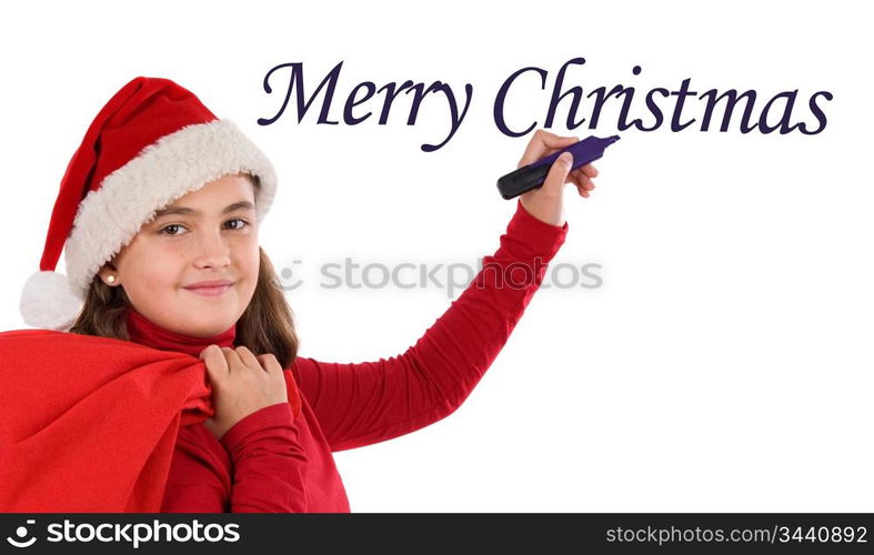 Beautiful girl writing Merry Christmas on a over white background