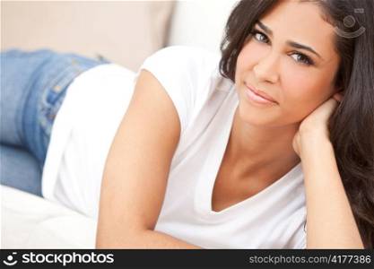 Beautiful Girl Young Hispanic Woman Relaxing on Sofa
