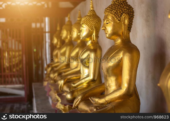 Beautiful Golden Buddha Many statues at Wat Phra Si Rattana Mahathat also colloquially referred to as Wat Yai is a Buddhist temple (wat) It is a major tourist attraction Phitsanulok,Thailand.